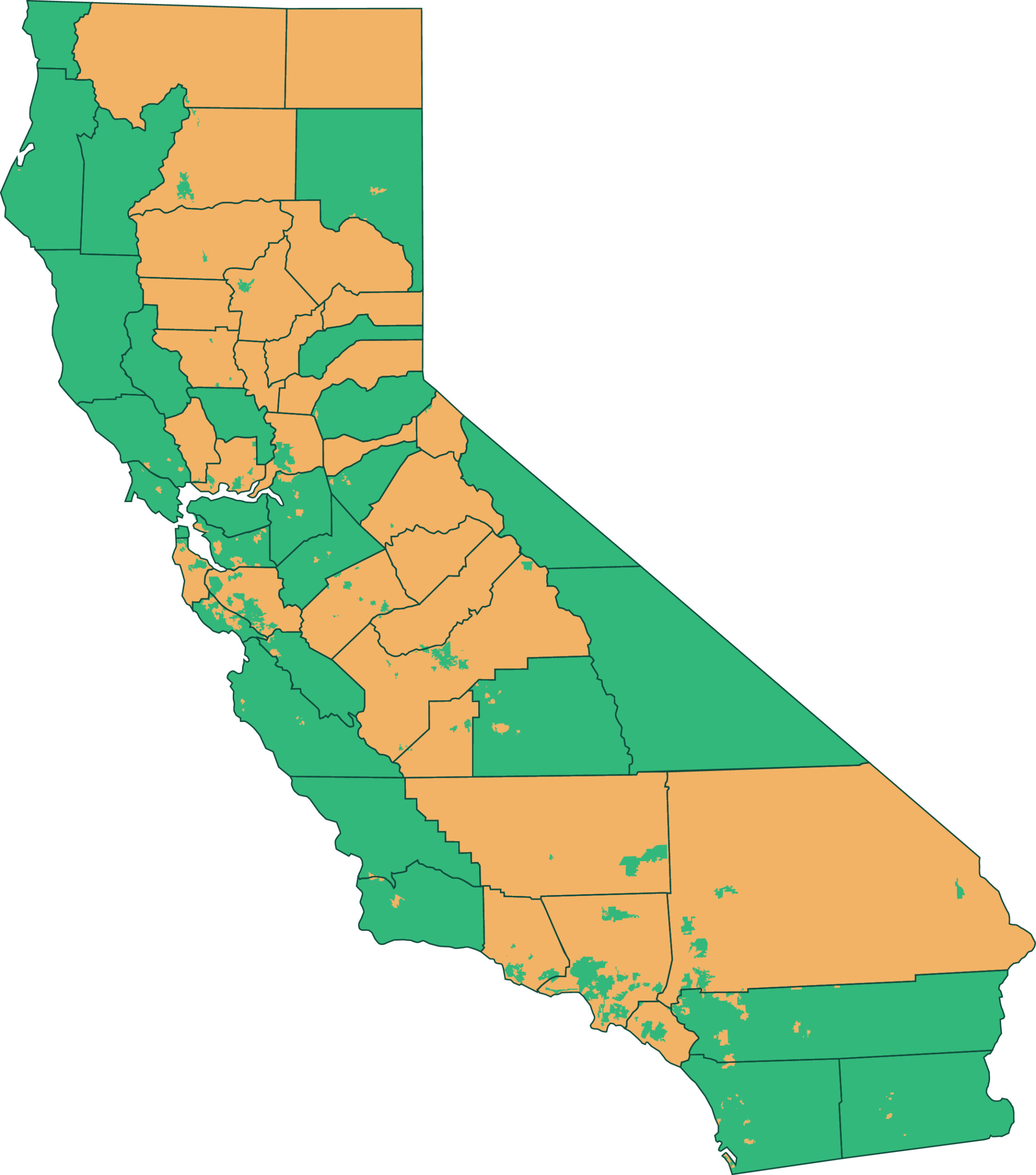 A picture of California's licensed cannabis retailer jurisdictions, outlining which areas it is legal and illegal to purchase cannabis.